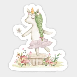 Unicorn dancing among flowers and mushrooms - watercolour Sticker